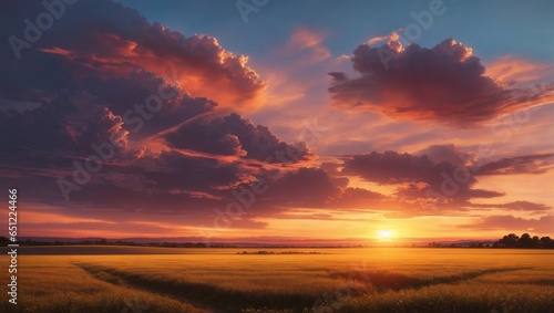 A field at sunset with vivid sky colors 