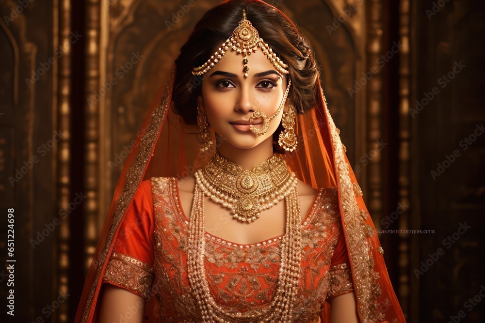 Fototapeta premium Gujarati bride in royal orange and gold lehenga displays tradition through her jewelry and gracious stance