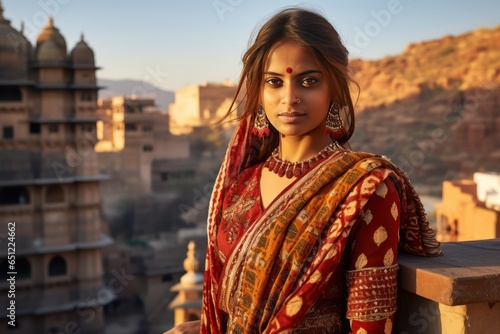 Vivacious Rajasthani woman in leheriya saree juxtaposed with Mehrangarh Fort's majesty, encapsulating Rajasthan's royal spirit