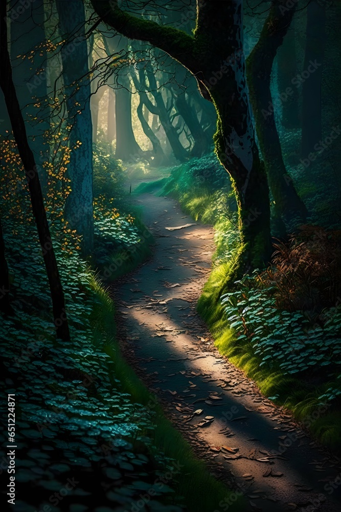 Enchanted Forest is bathed in sunlight its trees casting dappled ...