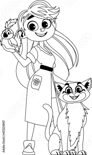 A pretty and amusing girl enjoys being around animals and taking care of them. Childrens coloring page.