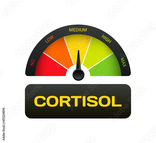Cortisol sign. Flat, color, speedometer with arrow, no, low, medium, high, max cortisol. Vector icon