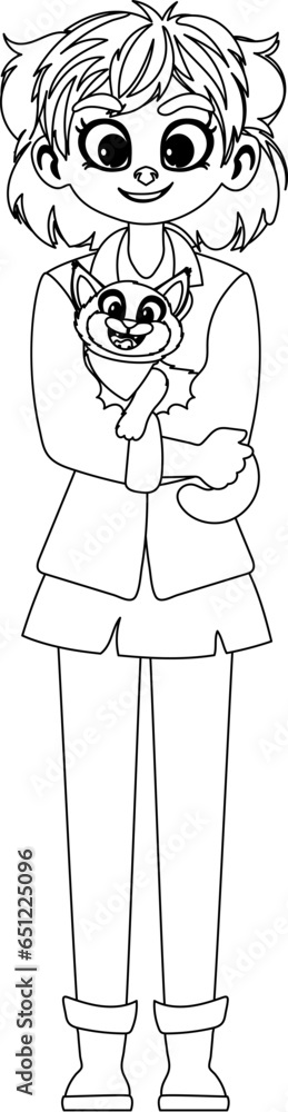 Fototapeta premium Happy female animal doctor and adorable feline. Childrens coloring page.