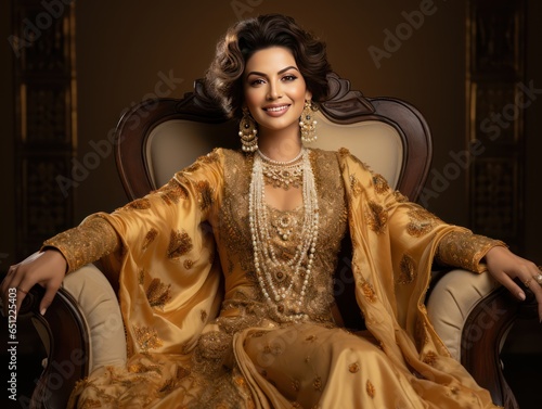 Magnificent Indian queen, poised in her chair, with her alluring smile and grand attire, epitomizing her illustrious lineage