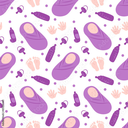 Seamless pattern with wrapped baby, pacifier, bottle, baby cream, footprints, handprints and circles. Flat color vector illustration.