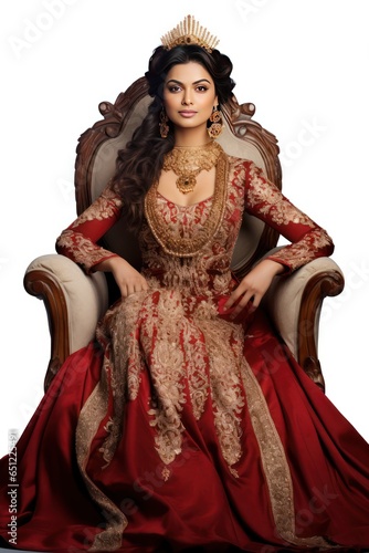 Noble Indian queen, elegantly perched in her armchair, her enchanting grin and lavish outfit speaking of her regal ancestry