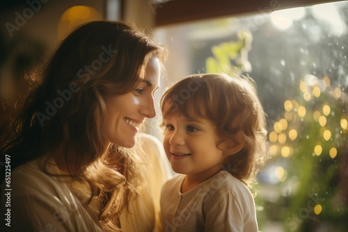 Mother and child in the living room. A mother gently holds her child. photo