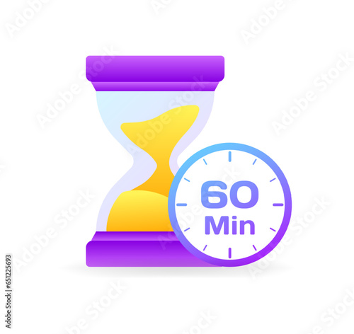60 min timer. Flat, color, hourglass, 60 minutes left, 60 minute timer. Vector icon