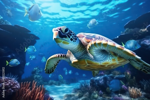 Sea turtle, colorful under water scene. Ocean diversity and ecology concept.  © FantasyEmporium