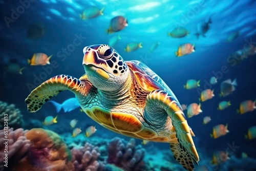 Sea turtle  colorful under water scene. Ocean diversity and ecology concept. 