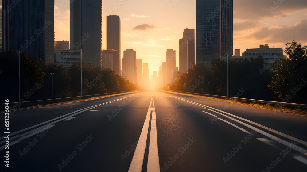 Empty road in city with skyscrapers with sunset