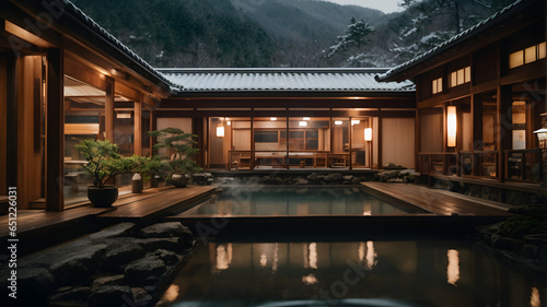 Luxurious onsen at night  reflected on calm water  amidst mountains. Tranquil travel destination.