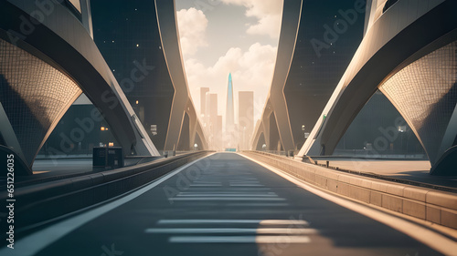 Empty road in modern futuristic city with skyscrapers photo
