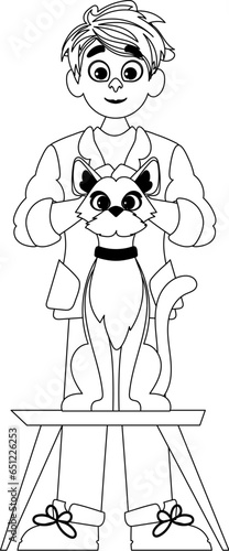 A happy guy who likes and takes care of animals, including a really adorable cat. Childrens coloring page.