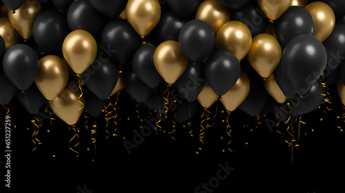 Black Friday or Happy Birthday banner with black and gold balloons. Festive celebrating background with golden and black balloons with serpentine on dark background with copy space