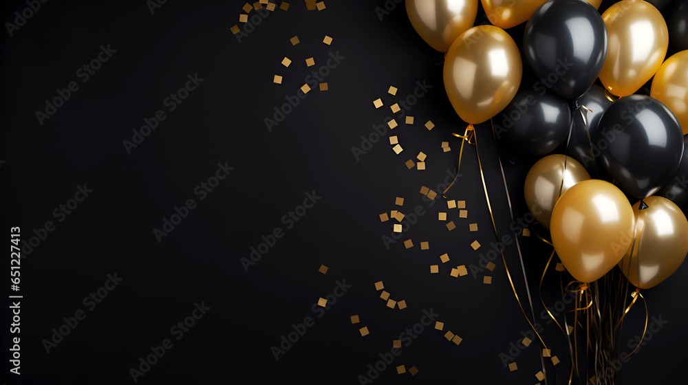 Black Friday or Happy Birthday banner with black and gold balloons. Festive celebrating background with golden and black balloons with serpentine on dark background with copy space - obrazy, fototapety, plakaty 