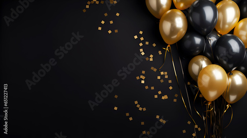 Black Friday or Happy Birthday banner with black and gold balloons. Festive celebrating background with golden and black balloons with serpentine on dark background with copy space