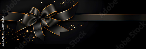 Black Friday black bow with long black ribbon on dark background. Black Friday Sale design. Decorative gold black bow with ribbons on dark shiny background. Festive banner, poster, logo