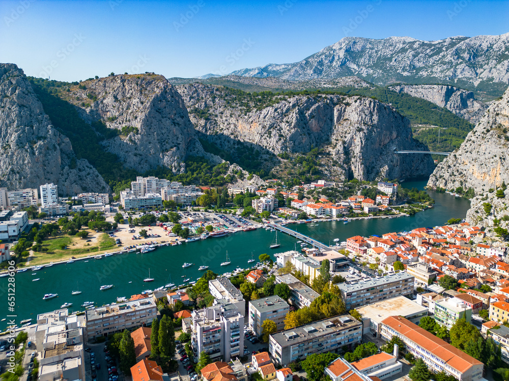 An aerial view of the town of Omis and the Cetina river, on the Dalmatian coast of Croatia