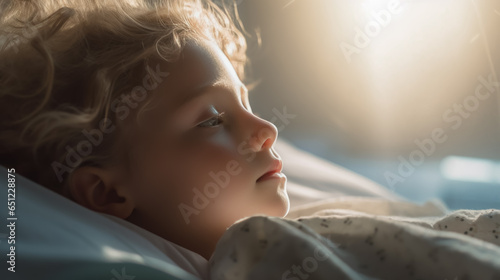 A sick boy lies on a bed in a dark hospital room. The boy was sick with a fever and was alone in his bed.