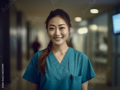 Portrait of a beautiful Asian doctor or a beautiful Asian nurse wearing a work uniform. Standing confidently looking at the camera in the hospital
