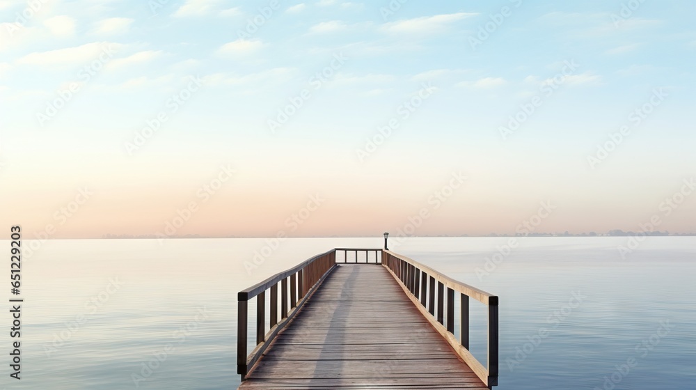  a wooden pier extending into the water with a person standing on it.  generative ai