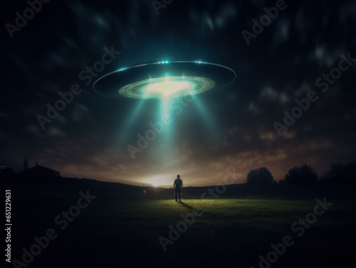 A man looks at a UFO or alien floating above a rice field in the clouds. floating above the sky flying objects like spaceships and alien invasion, extraterrestrial life, space travel, spaceships