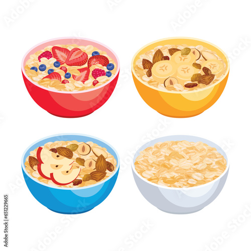 Oatmeal porridge with berries and nuts icon set vector. Bowl of oatmeal with fruits illustration. Healthy cereal breakfast icons on a white background. Oat flakes breakfast design element collection