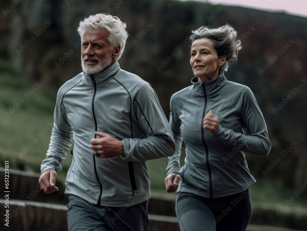 A senior couple in love smiling happily and energetically is jogging together in the park. with the concept of elderly people running and exercising for good health A senior couple in love smiling happily and energetically is jogging together in the park. with the concept of elderly people running and exercising for good health