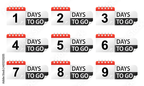 Days to go Stickers. Count time sale. Number of days left. Countdown left days banner. Sale promotion sign. Nine, eight, seven, six, five, four, three, two, one, zero days left. Vector illustration