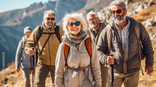 Group of senior travelers and elderly friends hiking in the mountains smiling and having fun in the amazing trekking and looking at the camera together. concept of living outdoor adventure style