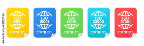Set of International Organization for Standardization stickers 27001, 22000, 18001, 9001, 14001. Set of popular standards ISO. Management system certified sign. Vector illustration