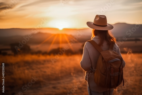 Rear view of female tourist traveler with backpack and lifestyle looking out over the scenery Walk in the autumn forest or spring nature evening with the setting sun.