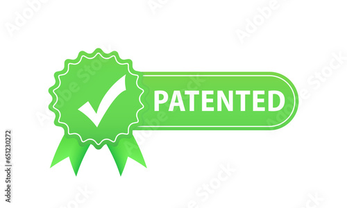 Patented label vector icon, flat cartoon rosette ribbon with patent text symbol, intellectual property protected green badge isolated on white background. Vector illustration