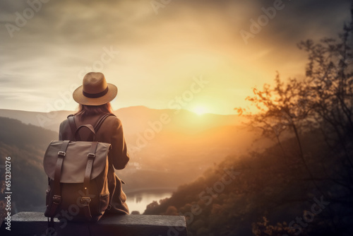 Rear view of female tourist traveler with backpack and lifestyle looking out over the scenery Walk in the autumn forest or spring nature evening with the setting sun.
