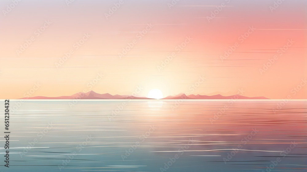  a painting of a sunset over the ocean with mountains in the distance.  generative ai
