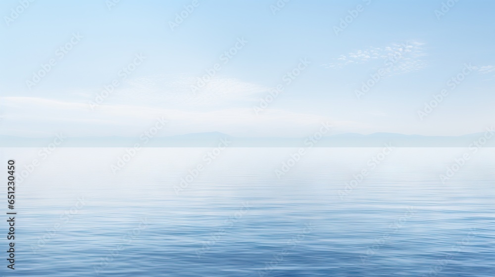  a large body of water with mountains in the distance and a blue sky.  generative ai
