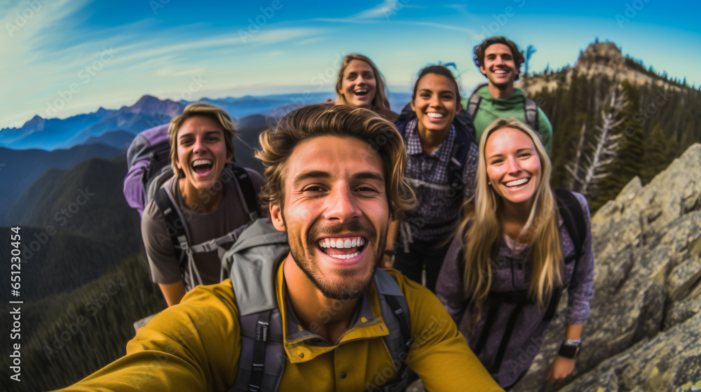 Group of travelers and friends hiking in the mountains smiling and having fun doing amazing trekking and taking selfies together. concept of living outdoor adventure style of mountain climbers Group of travelers and friends hiking in the mountains smiling and having fun doing amazing trekking and taking selfies together. concept of living outdoor adventure style of mountain climbers