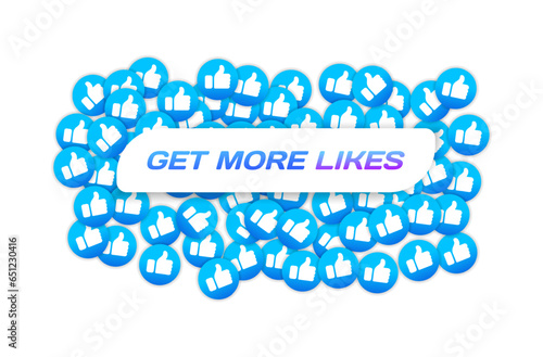 Get more likes sign. Flat, blue, get more likes, Facebook likes. Vector illustration