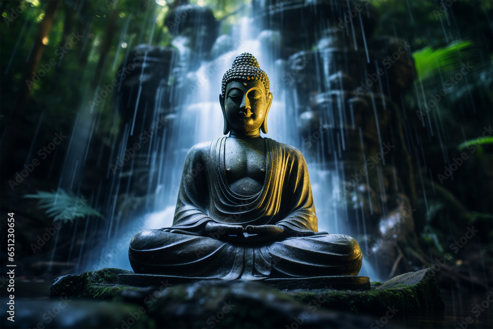 Buddha vor einem Wasserfall Buddha vor einem Wasserfall