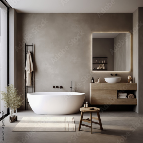 Luxurious bathroom interior with bathtub Bathroom with double sinks and mirror  bathtub  toiletries and window in 3D hotel studio.