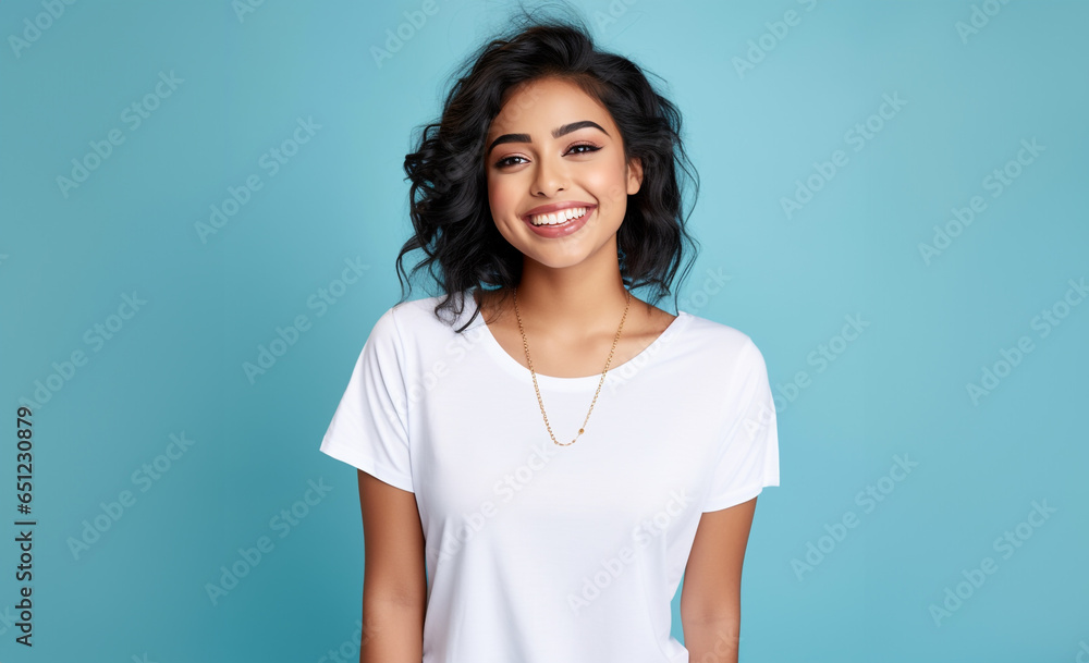 Portrait of a smiling woman with white tshirt. Blue background. Portrait of a smiling woman with white tshirt. Blue background.