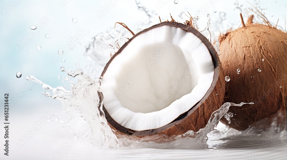 a close up of a coconut with water splashing on it. generative ai a close up of a coconut with water splashing on it. generative ai