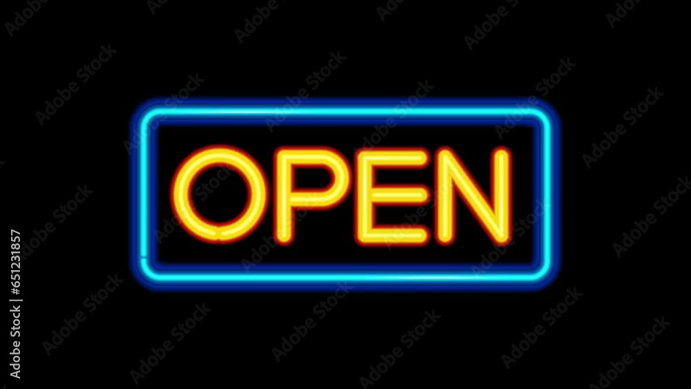 Open Text Neon Light on Black Background. Open Banner in Night Club Bar Blinking Neon Sign Style. Motion Animation. Open Text Neon Light on Black Background. Open Banner in Night Club Bar Blinking Neon Sign Style. Motion Animation.