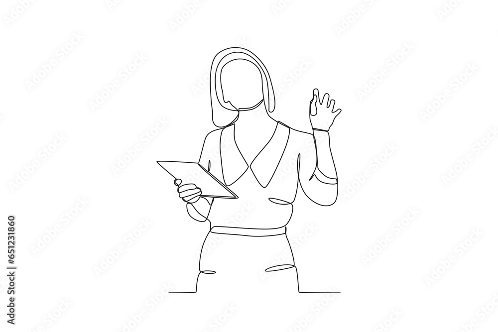 A woman explained her business happily. Dia de la mujer emprendedora one-line drawing