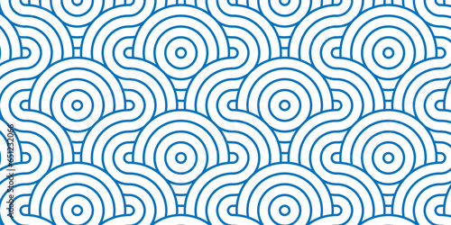 Seamless geometric ocean spiral pattern and abstract circle wave lines. blue seamless tile stripe geomatics overlooping create retro square line backdrop pattern background. Overlapping Pattern.