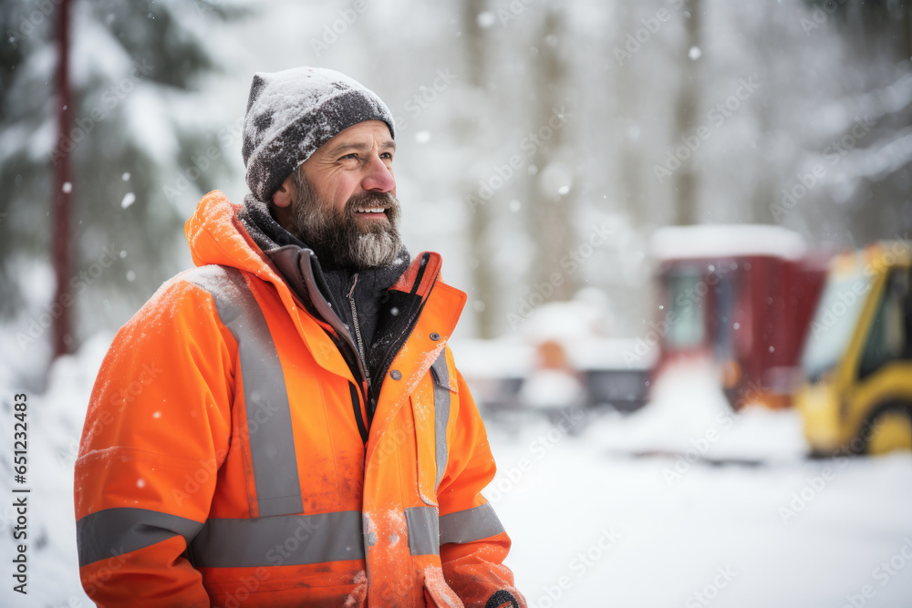 Arbeiter oder Bauarbeiter mit orangefarbener Arbeitsjacke steht draußen im Schnee, draußen arbeiten im Winter, selektiver Fokus Arbeiter oder Bauarbeiter mit orangefarbener Arbeitsjacke steht draußen im Schnee, draußen arbeiten im Winter, selektiver Fokus