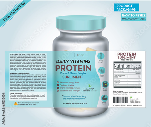Supplement Label Design, Protein Label, Vitamin bottle packaging, Fitness, vitamin bottle and pills, Medicine pack, Multivitamin, omega, diet pack, Health pack, Body maker, vector bottle mockup