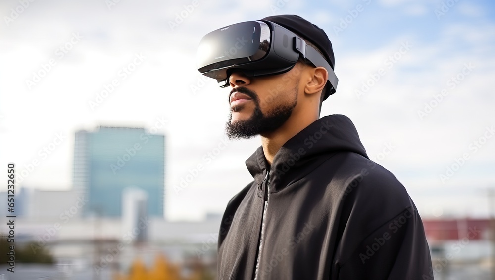 man in virtual reality headset over city background