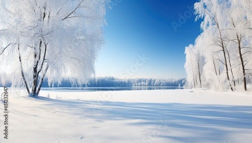 Beautiful winter landscape with frozen lake and trees in hoarfrost © Meow Creations